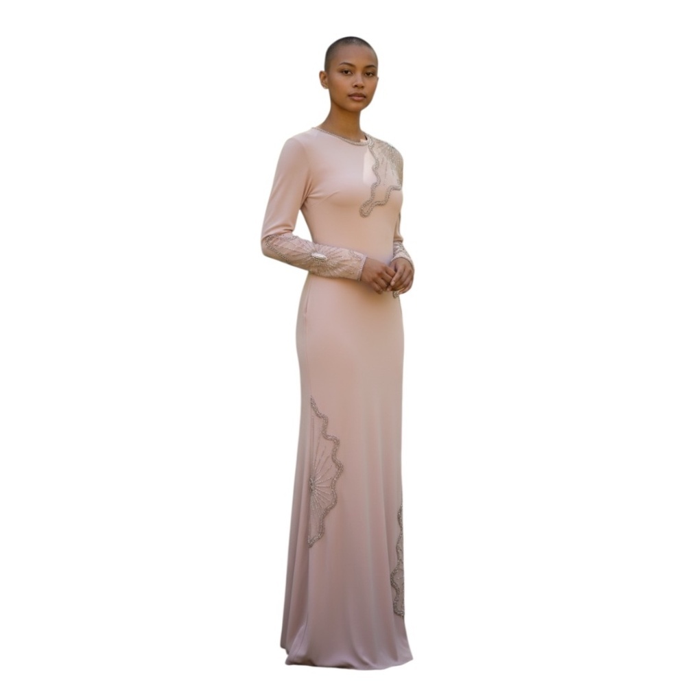 LA CARLOTA ALFARO Vintage Women's Evening Beaded 80s Gown Peach/ Pink, Size XS